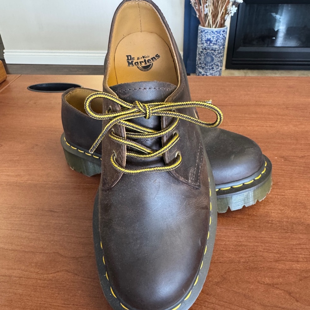 Dr. Martens Brown Leather 3-Eye Derby with Yellow Stitching